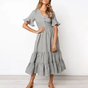 Summer Ruffled Casual V-neck Buttons Slim Fit Maxi Long Dress