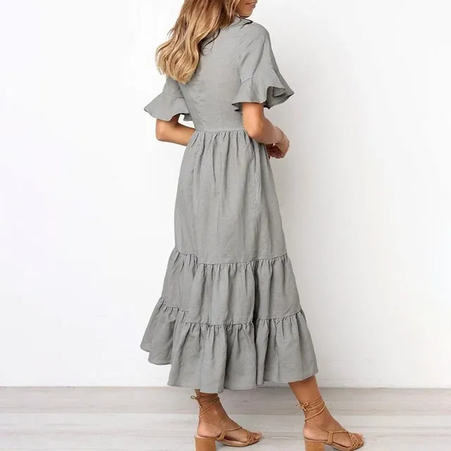 Summer Ruffled Casual V-neck Buttons Slim Fit Maxi Long Dress