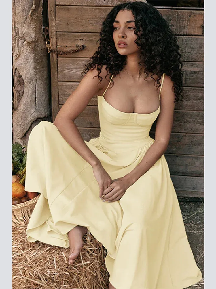 Summer Women Chest Wrapped Sling Dress Sexy Solid Off Shoulder Pleated Maxi Robes New Summer Female Vacation Party Streetwear