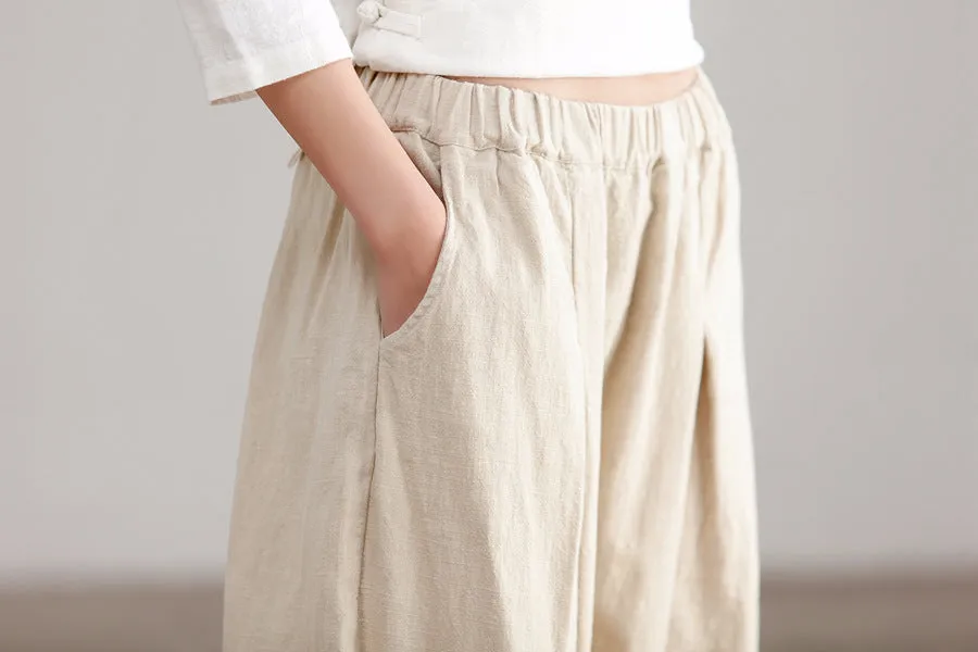 Summer Women Ramie Cotton Wide Leg Pants