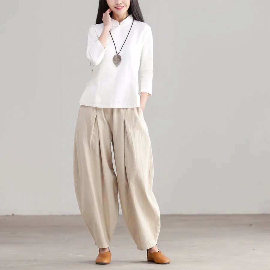 Summer Women Ramie Cotton Wide Leg Pants