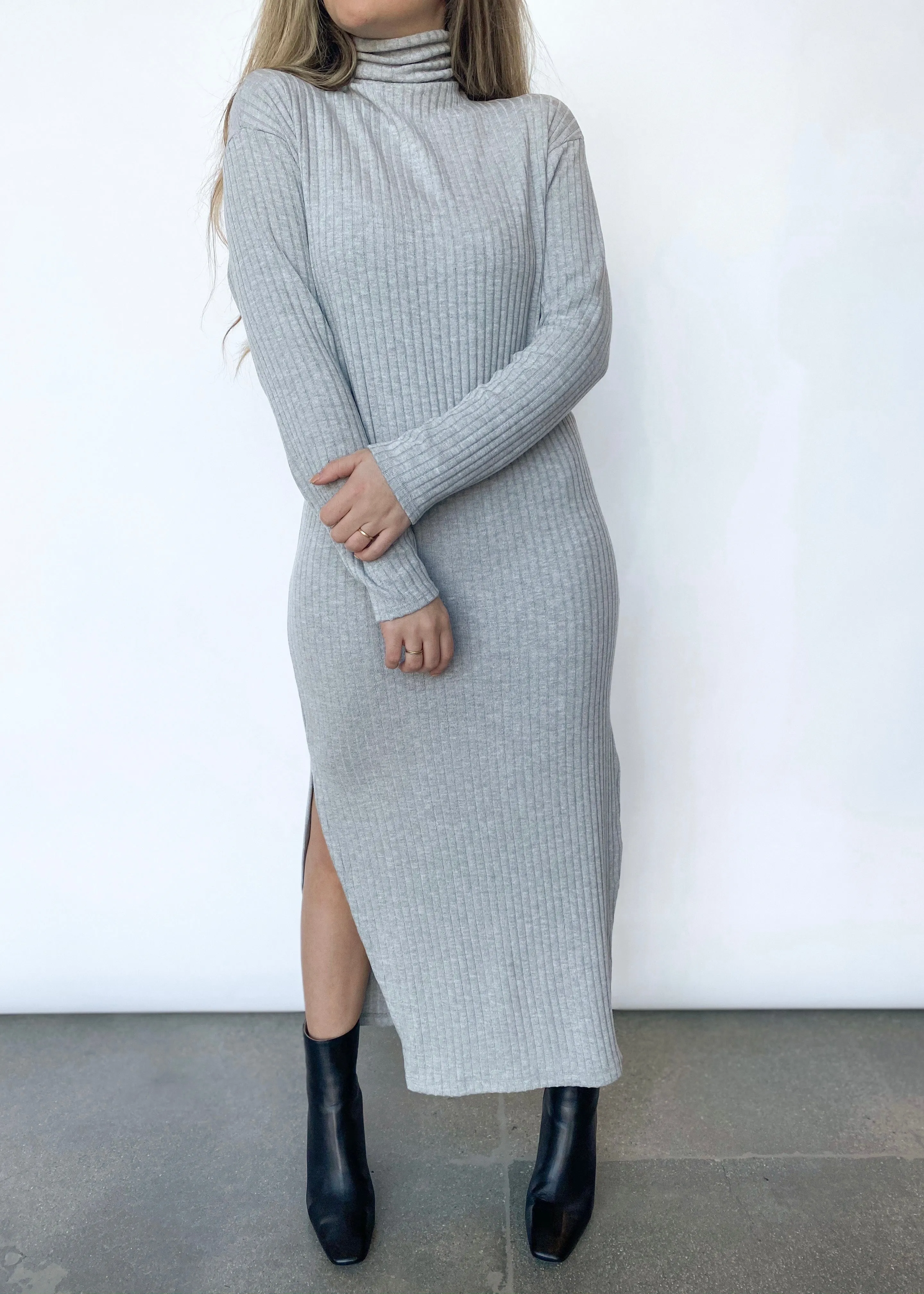 Sweater Rib Turtleneck Dress - Heather Grey