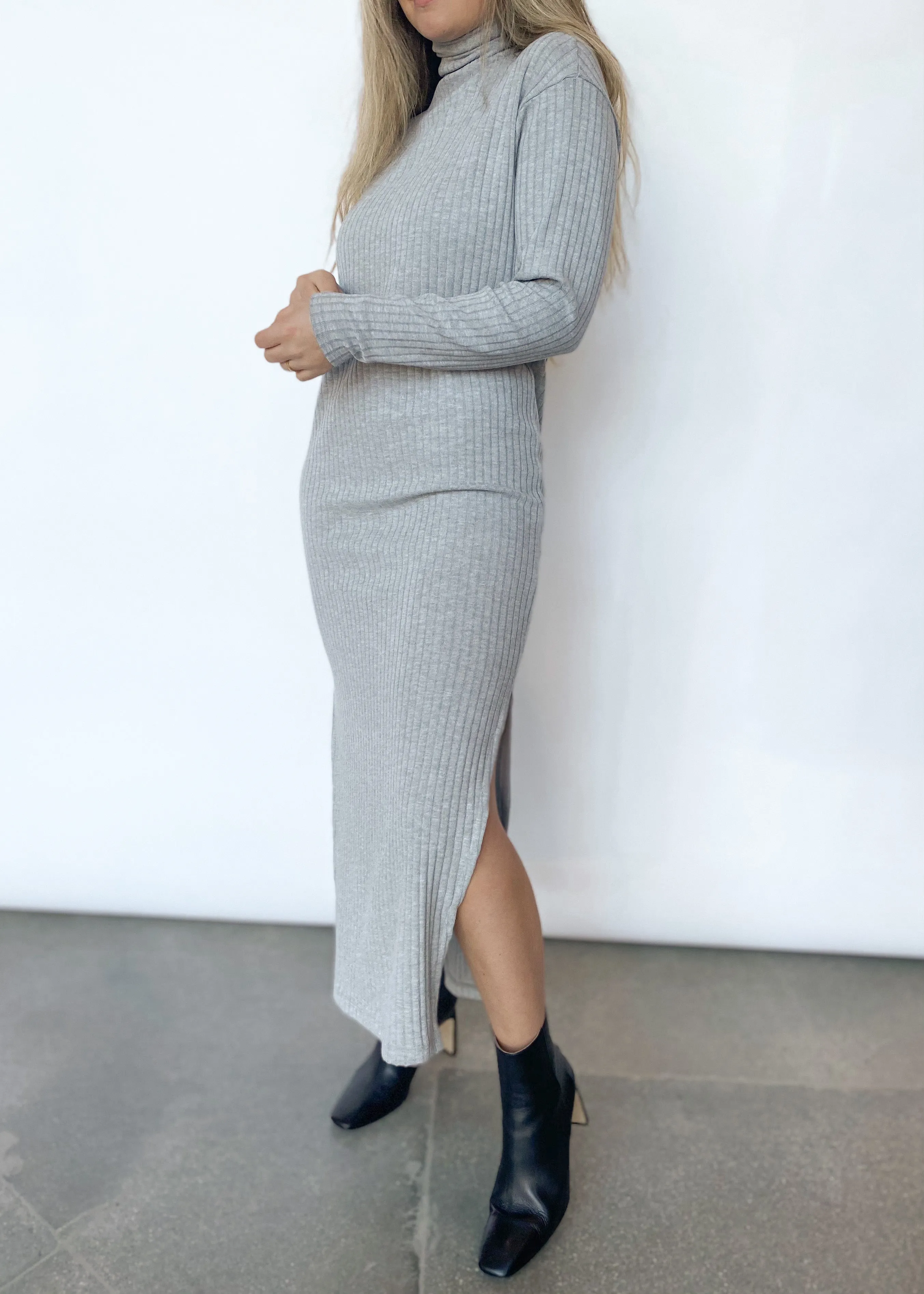 Sweater Rib Turtleneck Dress - Heather Grey