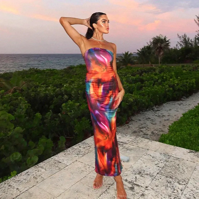 TieDye Print Off-Shoulder Sleeveless Backless Long Party Maxi Dress Women Beach Streetwear