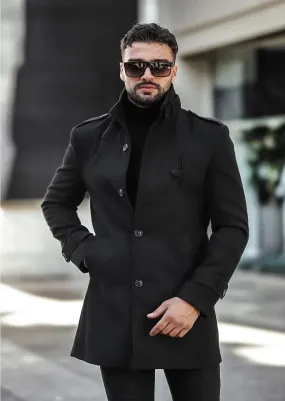 [Tommy] Black Single-Breasted Pea Coat -100% Wool