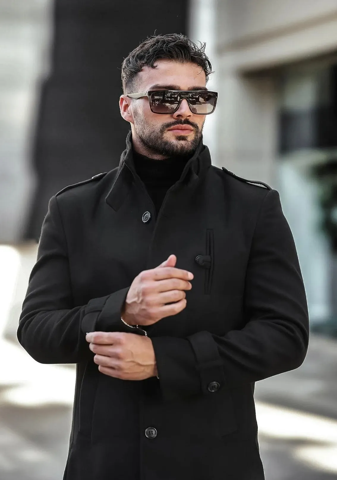 [Tommy] Black Single-Breasted Pea Coat -100% Wool