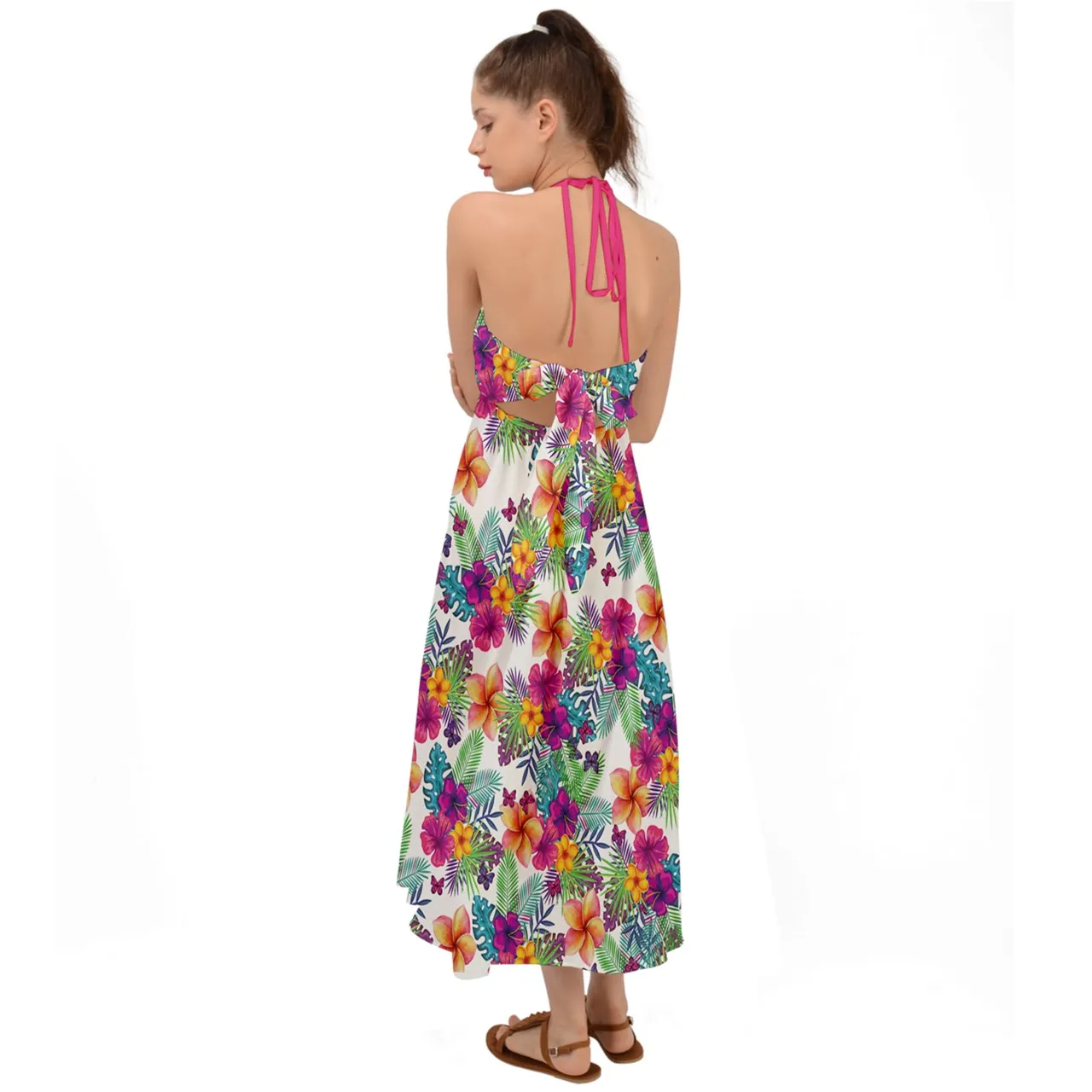 Tropical Floral Halter Tie Back Dress for Women