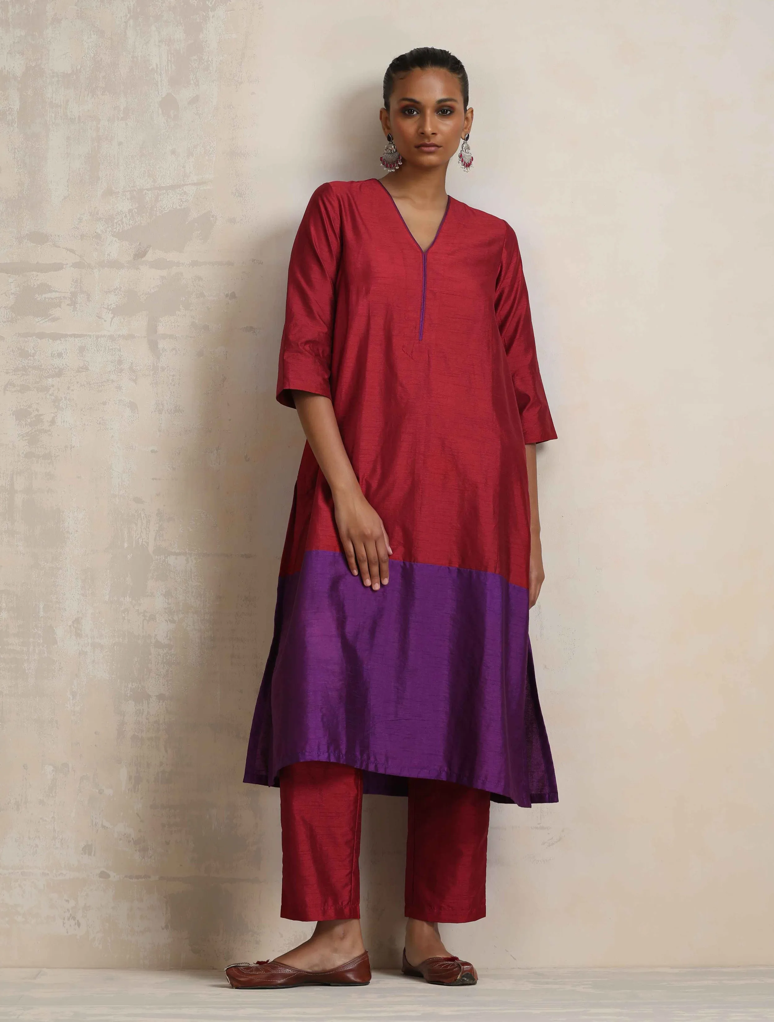 trueBrowns Red Silk Kurta Set