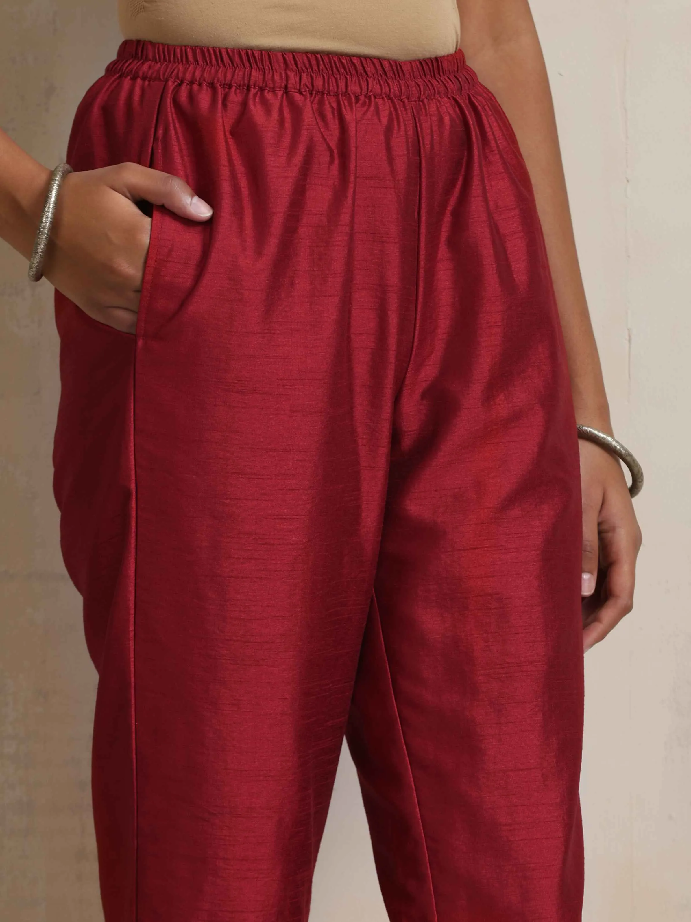 trueBrowns Red Silk Kurta Set