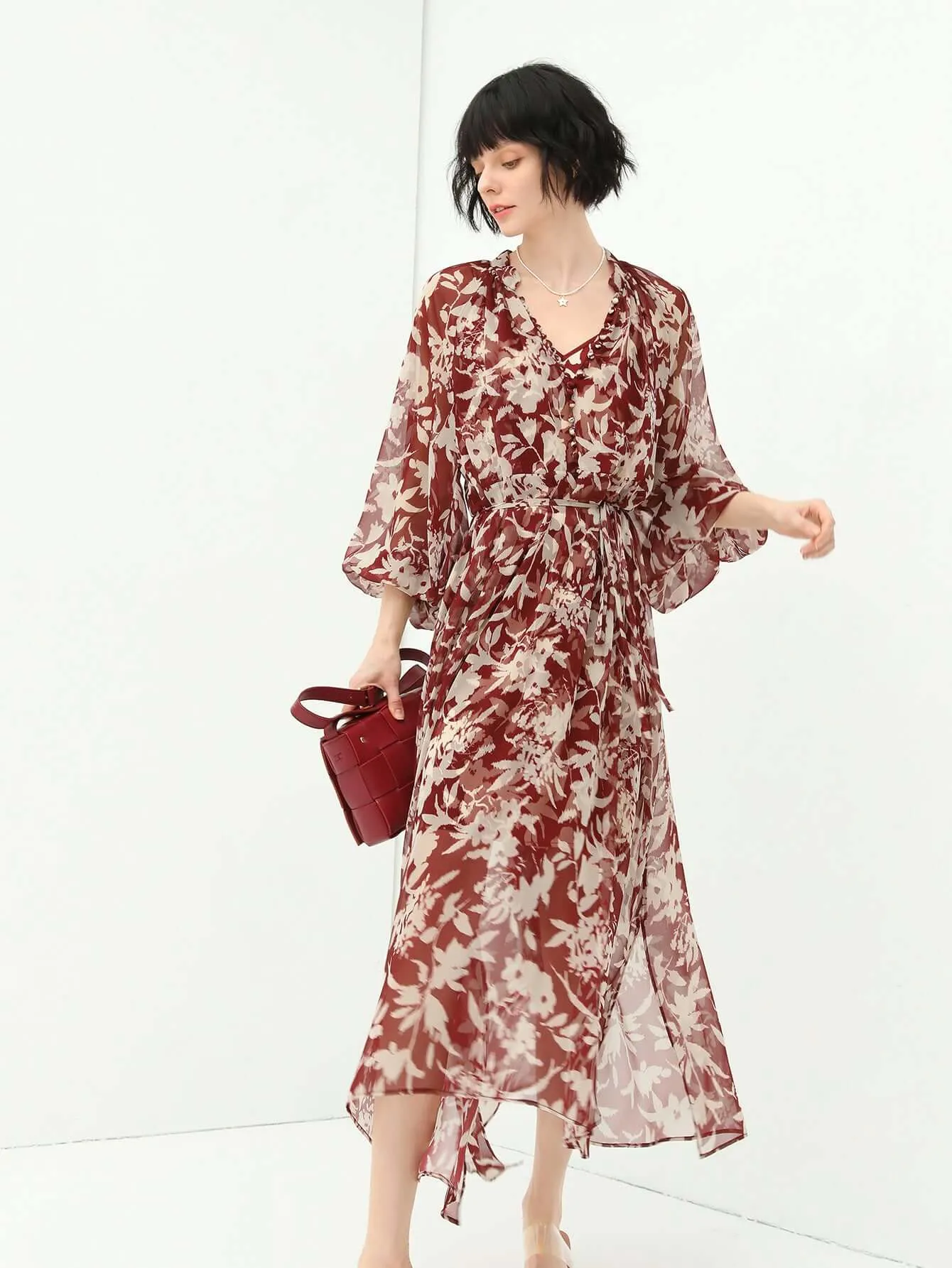 Two-Piece Chiffon Wine Floral Dress Set