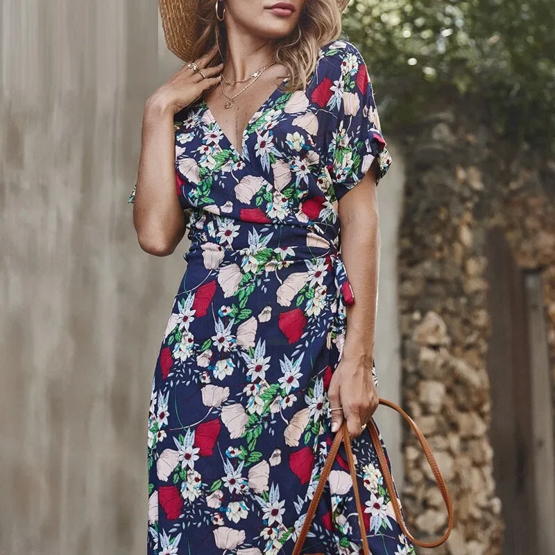 V-neck Floral Print Casual Wrap Ruffled Sash Summer Beach Casual High Waist Holiday Party Maxi Dress