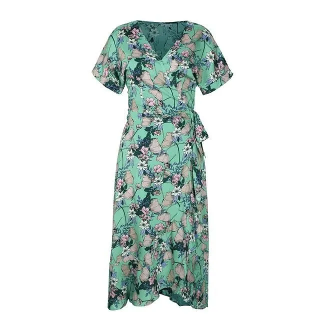 V-neck Floral Print Casual Wrap Ruffled Sash Summer Beach Casual High Waist Holiday Party Maxi Dress