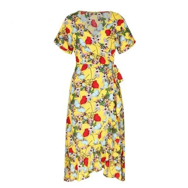 V-neck Floral Print Casual Wrap Ruffled Sash Summer Beach Casual High Waist Holiday Party Maxi Dress