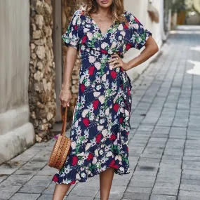 V-neck Floral Print Casual Wrap Ruffled Sash Summer Beach Casual High Waist Holiday Party Maxi Dress