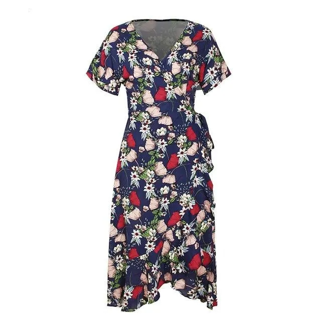 V-neck Floral Print Casual Wrap Ruffled Sash Summer Beach Casual High Waist Holiday Party Maxi Dress