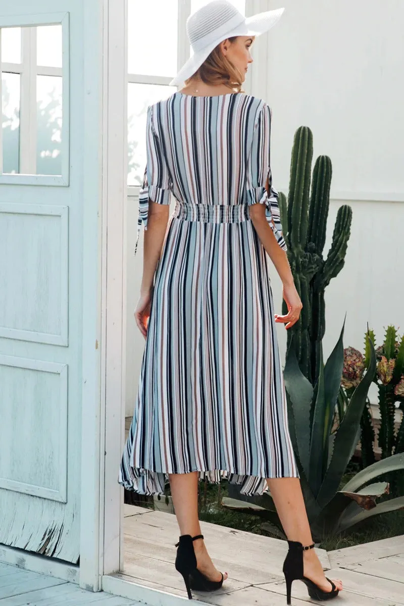 V-neck Stripe Long Short Sleeve Button Maxi Streetwear Dress