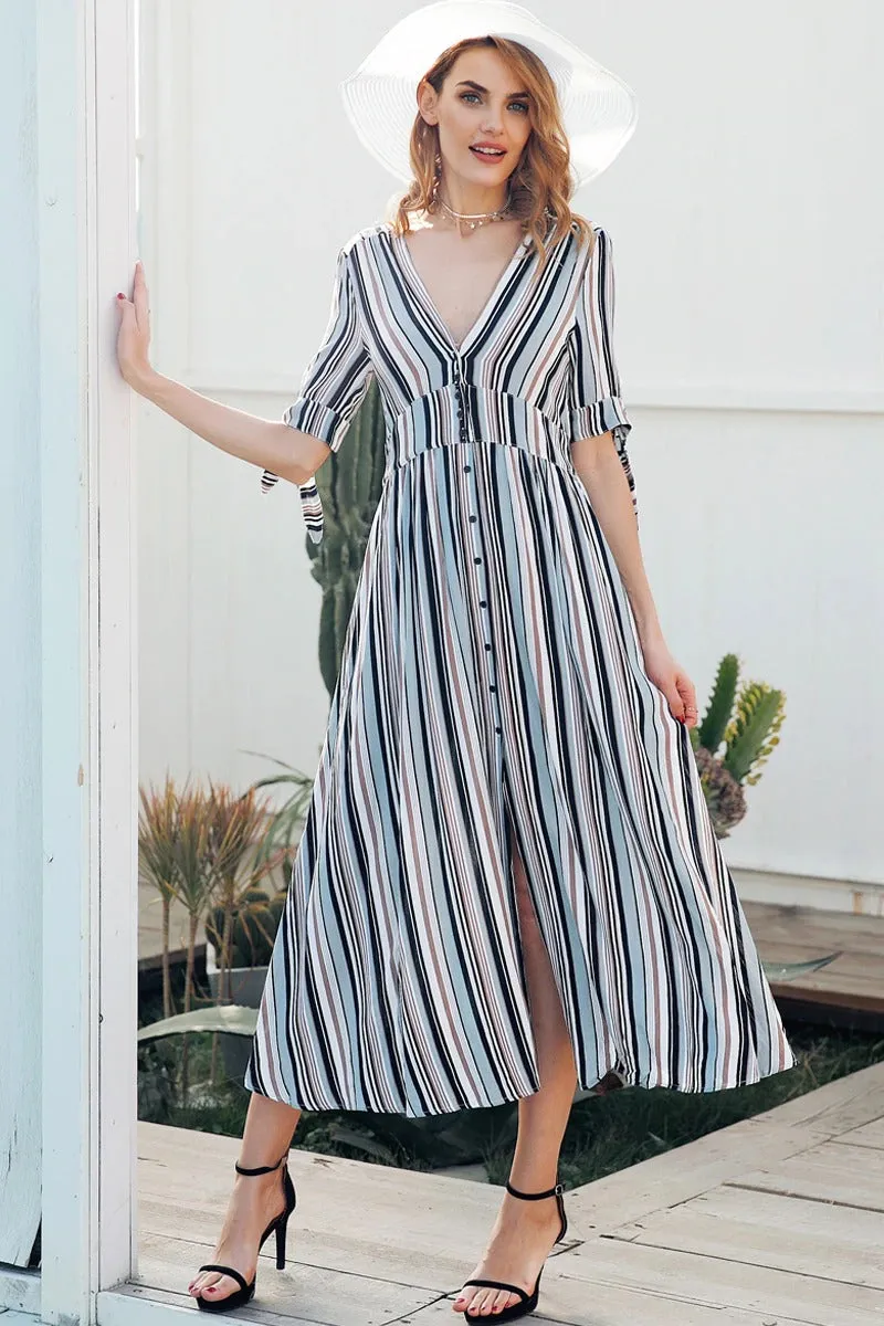 V-neck Stripe Long Short Sleeve Button Maxi Streetwear Dress