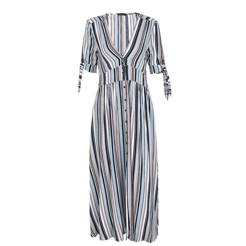 V-neck Stripe Long Short Sleeve Button Maxi Streetwear Dress