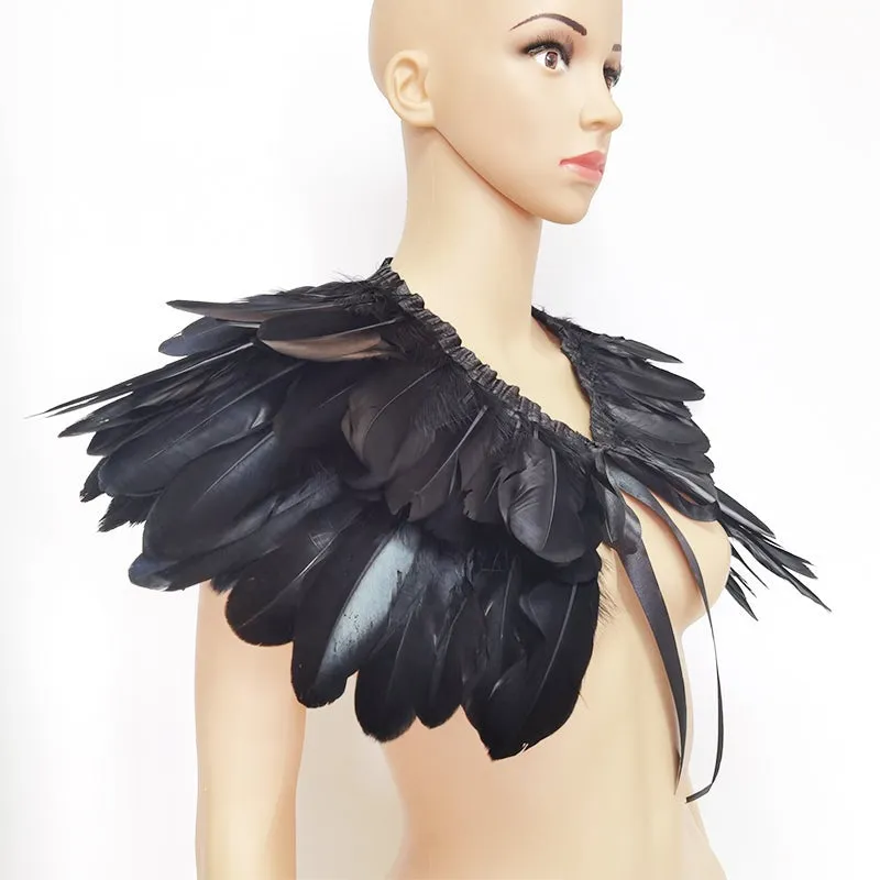 Victorian Cosplay Goth Feather Shrug Cape Shawl - Black