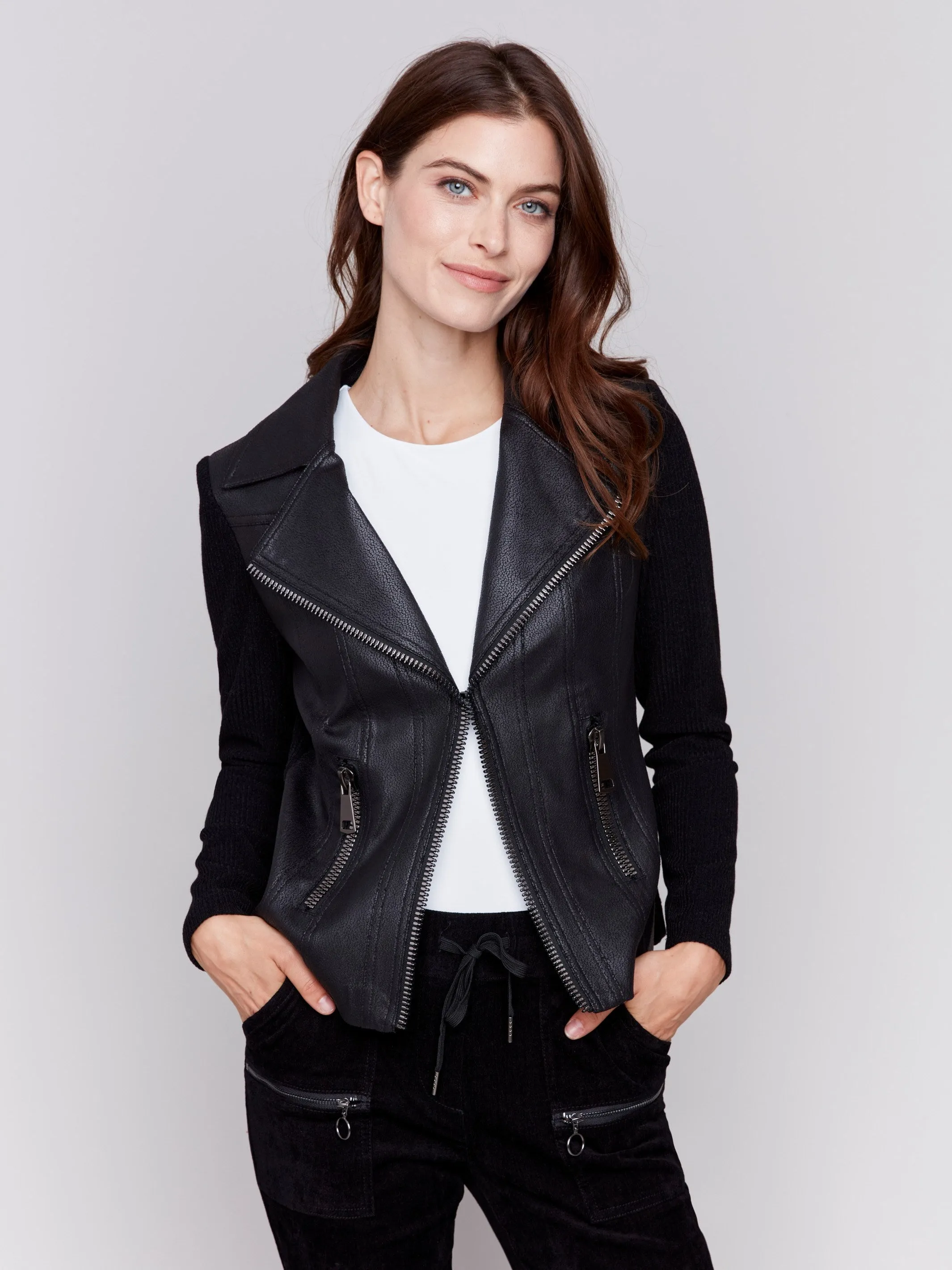 Vintage Faux Leather and Rib Knit Jacket - Black