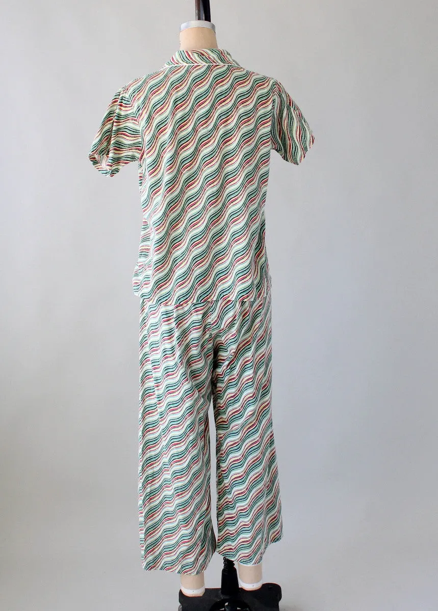 Vintage Late 1940s Waves and Stripes Cotton Pajama Set