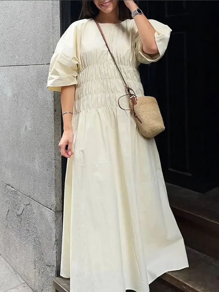 Wenkouban Summer Solid Pleated Loose Long Dress Women O Neck Puff Half Sleeve Elastic Waist Maxi Dresses Lady High Waist Streetwear Robes