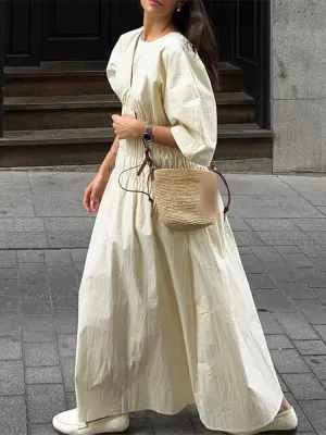 Wenkouban Summer Solid Pleated Loose Long Dress Women O Neck Puff Half Sleeve Elastic Waist Maxi Dresses Lady High Waist Streetwear Robes