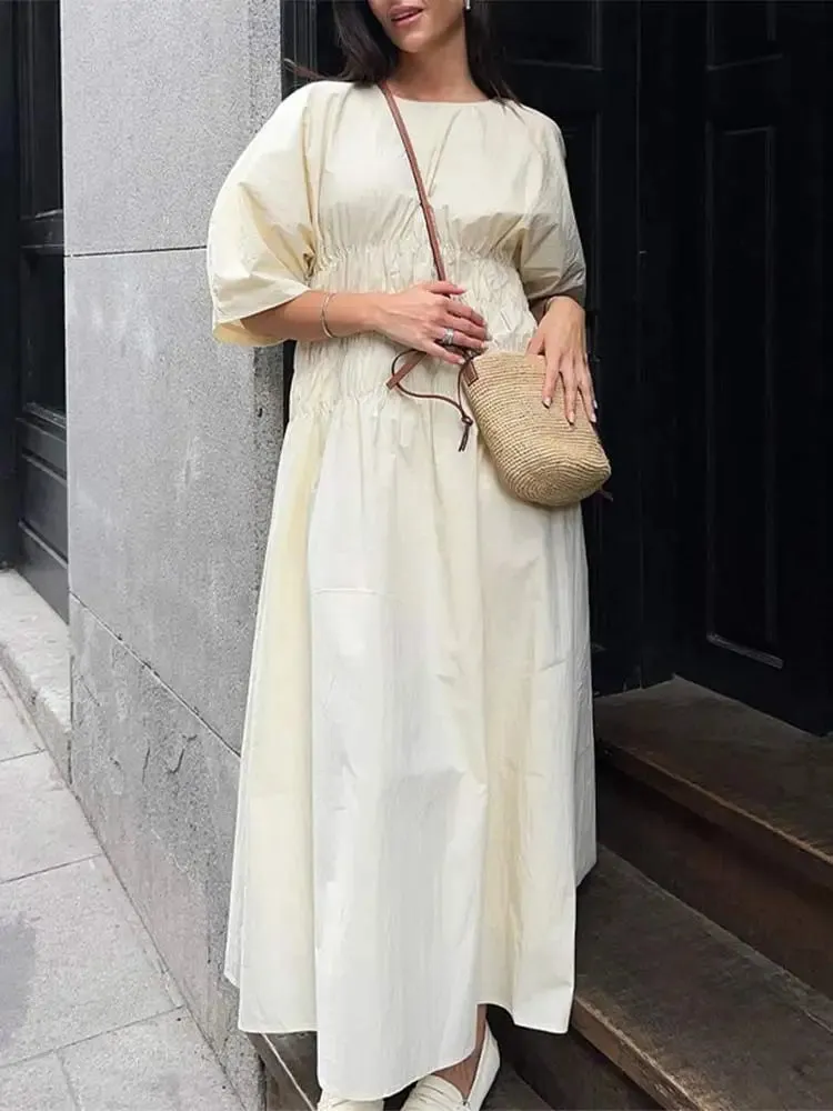 Wenkouban Summer Solid Pleated Loose Long Dress Women O Neck Puff Half Sleeve Elastic Waist Maxi Dresses Lady High Waist Streetwear Robes