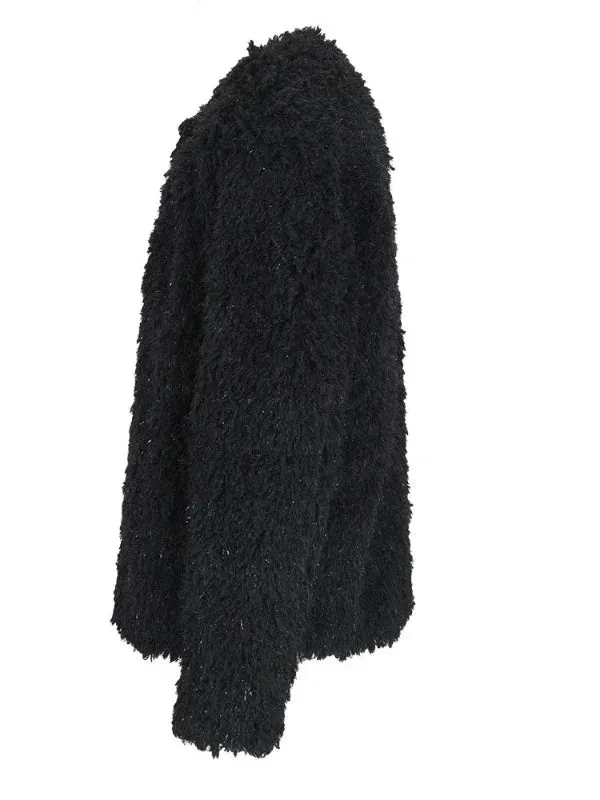 Wenkouban-Winter outfits Christmas Black Open Stitches Fuzzy Short Faux Fur Coat