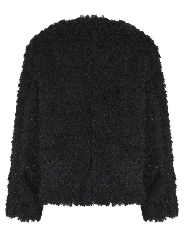 Wenkouban-Winter outfits Christmas Black Open Stitches Fuzzy Short Faux Fur Coat