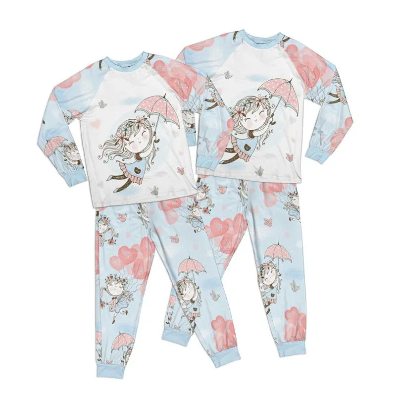 Whimsical Flying Girl with Umbrella Adult Pajamas Set Matching