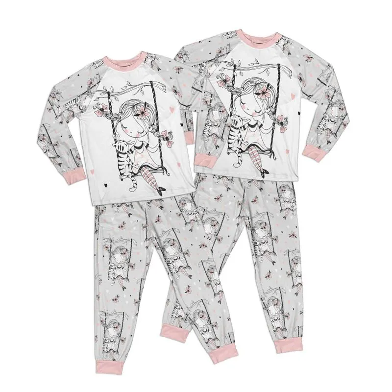 Whimsical Girl and Cat on Swing Grey Adult Pajamas Set Matching