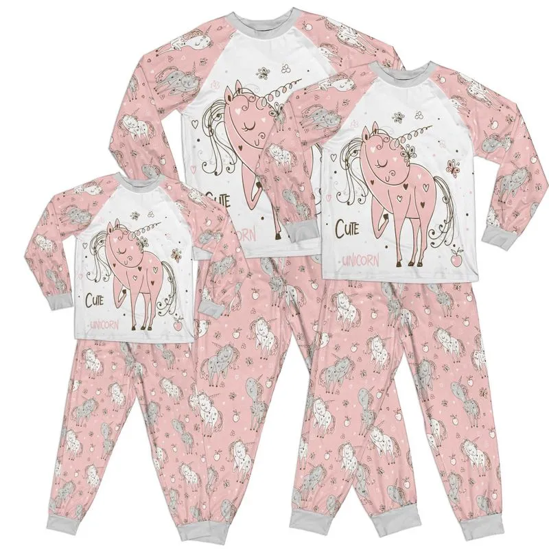 Whimsical Mystical Cute Unicorn Pink Adult Pajamas Set Matching