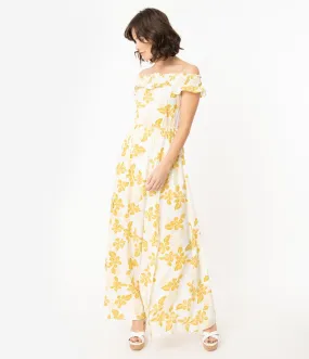 White & Mustard Floral Print Off the Shoulder Maxi Dress