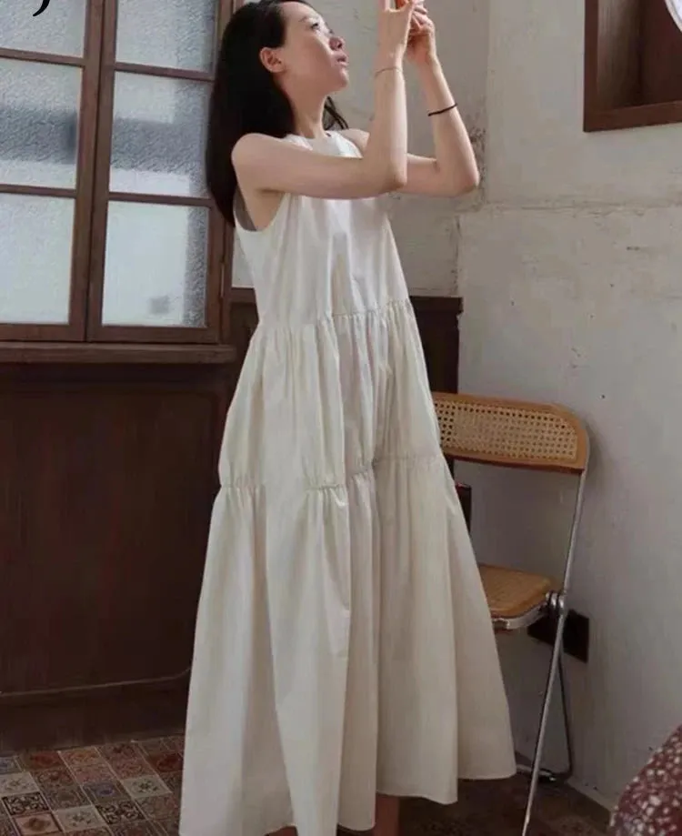 White Elegant Sleeveless Spaghetti Strap Women's Dresses French Style Solid Color O-neck Maxi Dress Fashion Streetwear