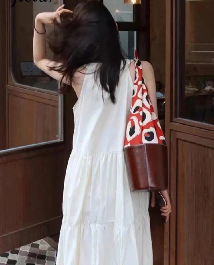 White Elegant Sleeveless Spaghetti Strap Women's Dresses French Style Solid Color O-neck Maxi Dress Fashion Streetwear