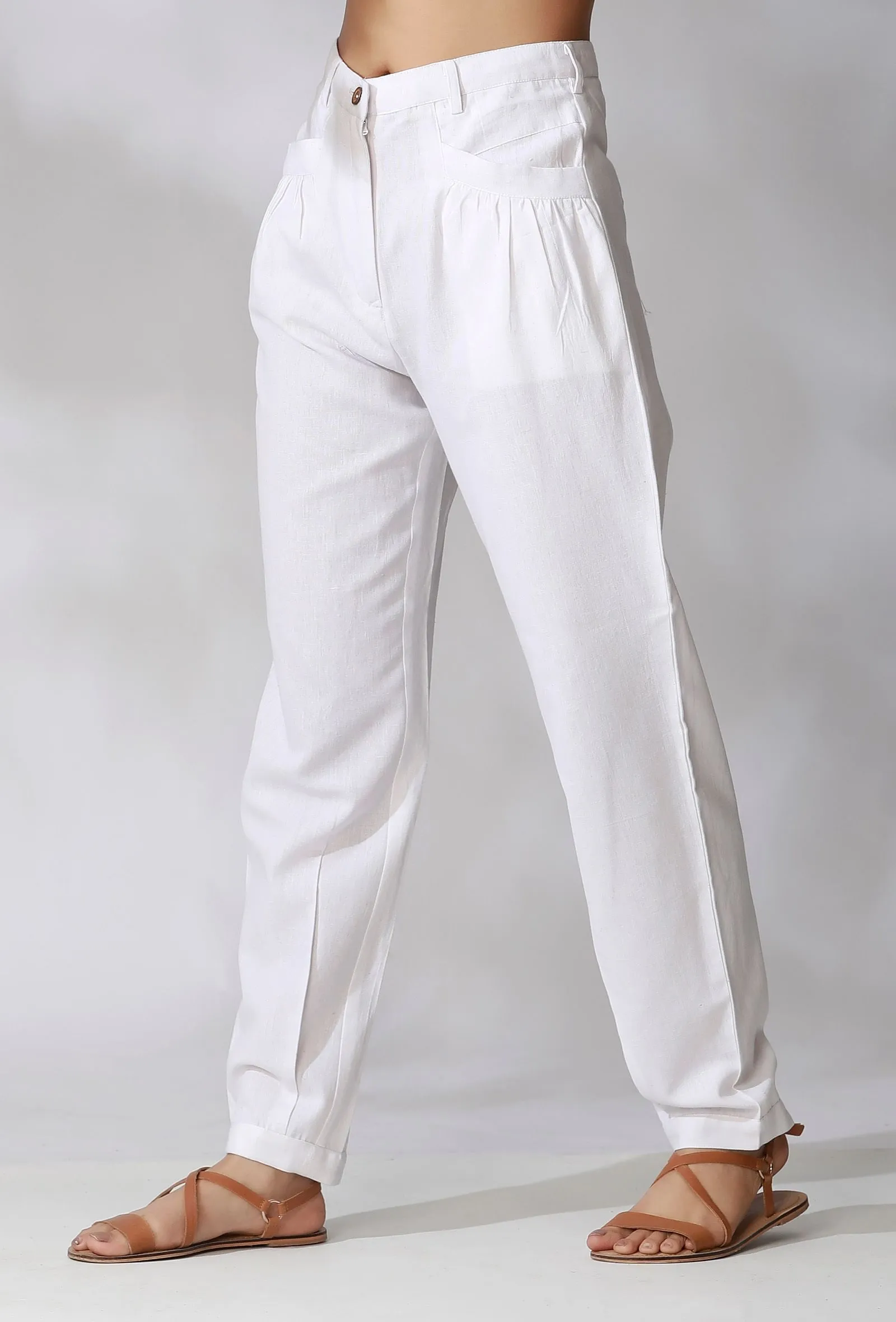 White Mid-Waist Cotton Pants With Front Pockets