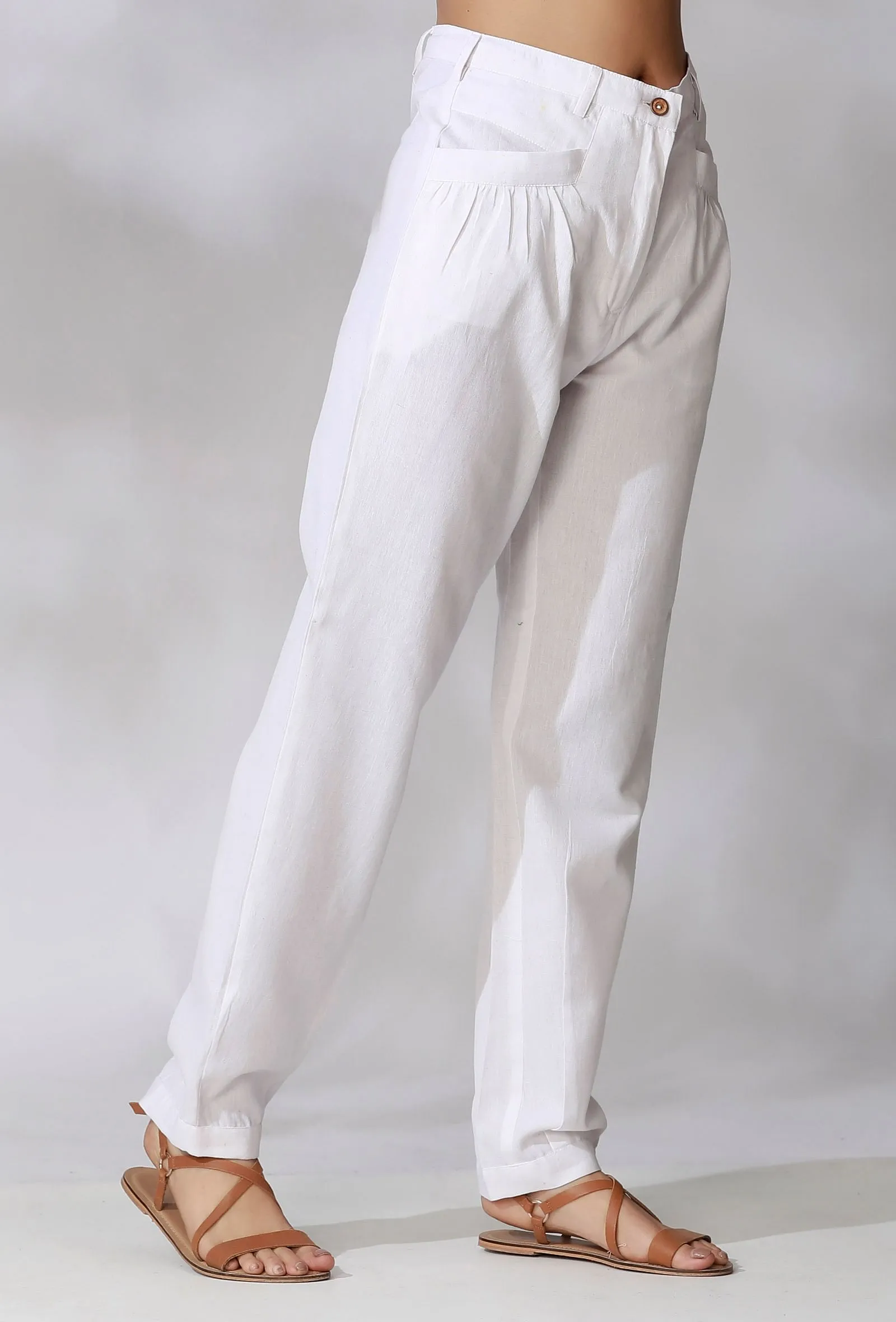 White Mid-Waist Cotton Pants With Front Pockets