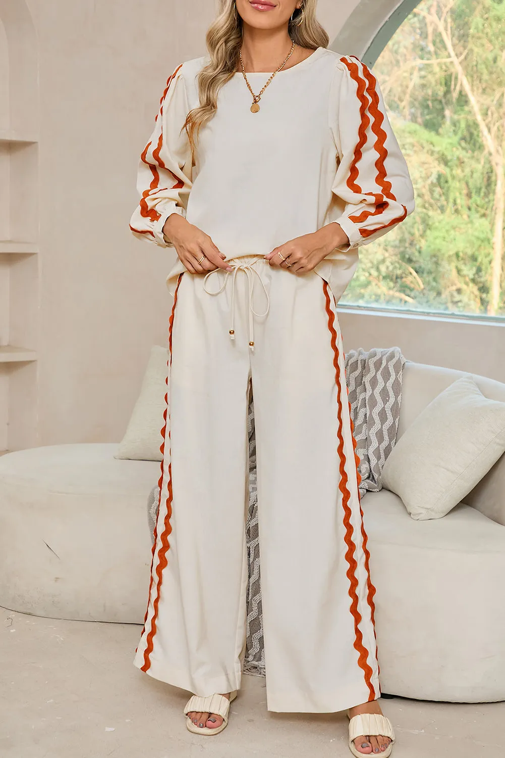 White Ric Rac Trim Long Sleeve Top and Wide Leg Pants Set