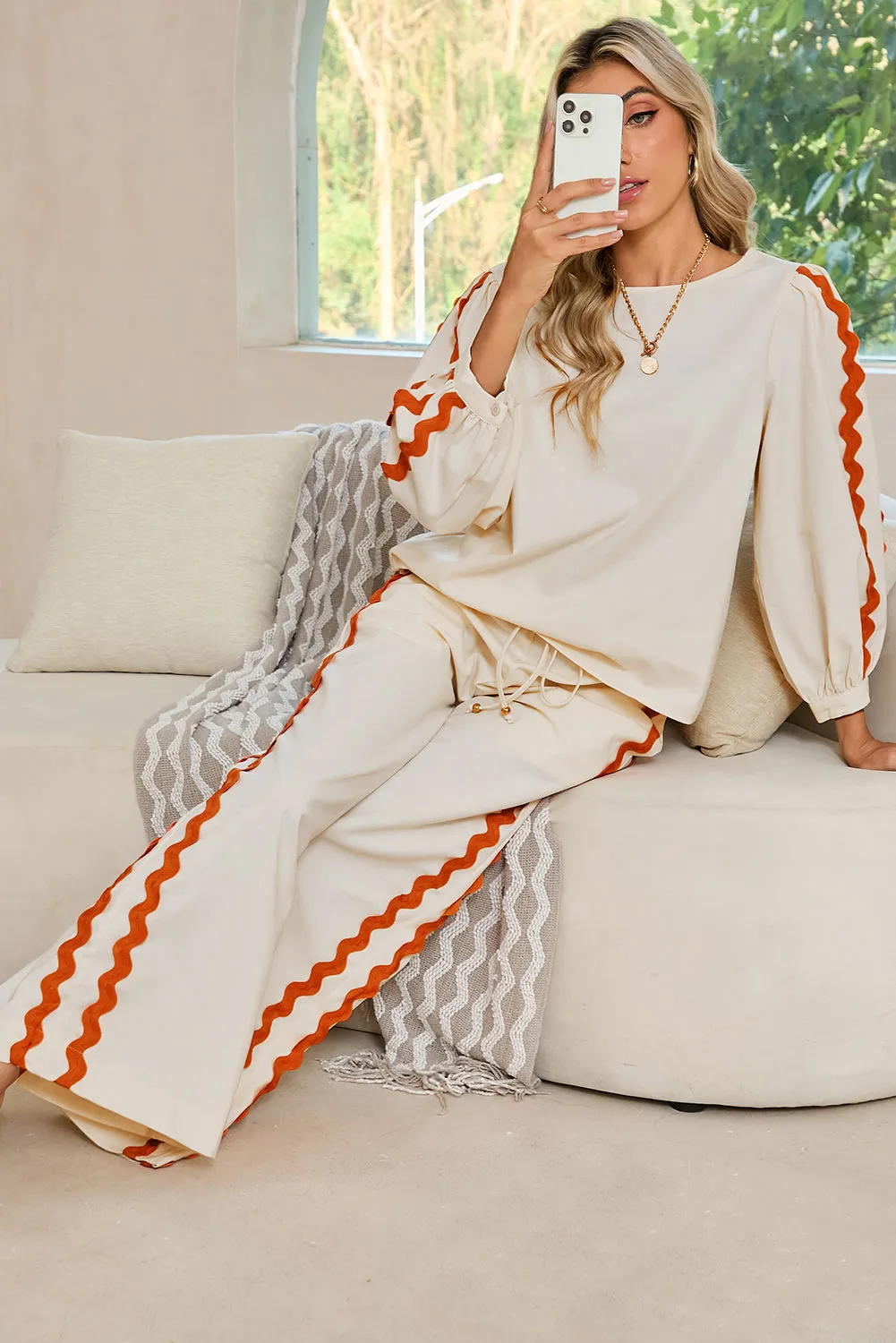 White Ric Rac Trim Long Sleeve Top and Wide Leg Pants Set