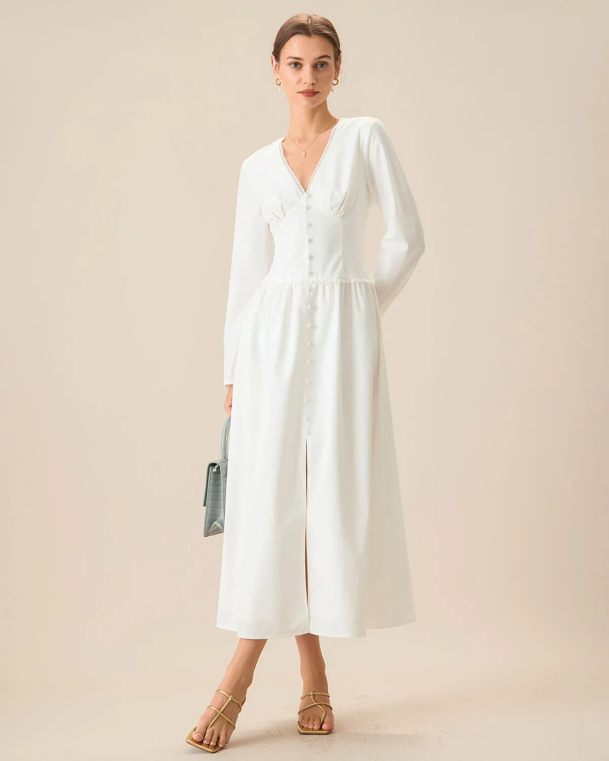 White Ruched Button Maxi Dress