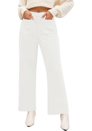 White Women's  High Waist Relaxed Fit Wide Leg Cropped Length Style Casual Pants With Pockets