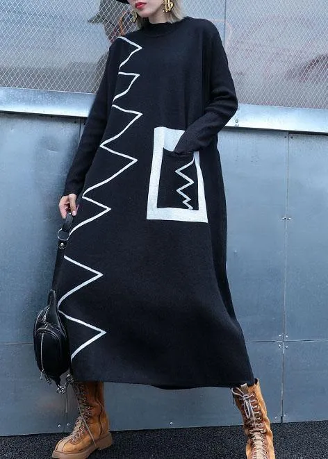 Women black Sweater dresses DIY patchwork color Ugly fall knitwear