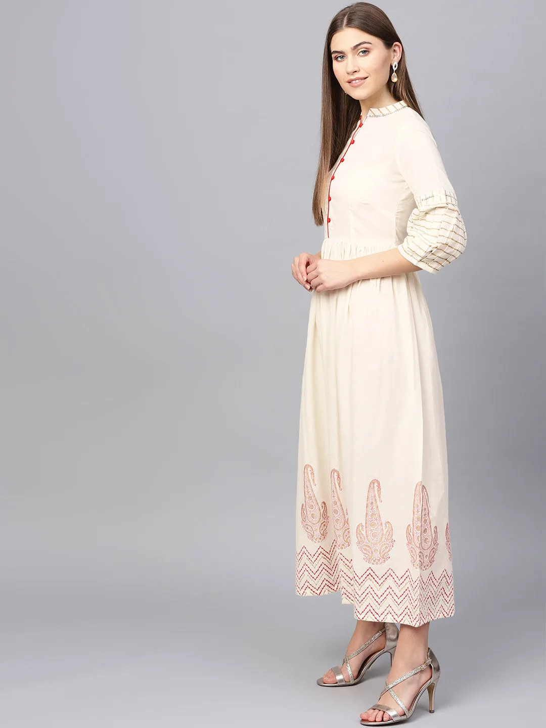 Women Cream-Coloured Printed Detail Woven Maxi Dress