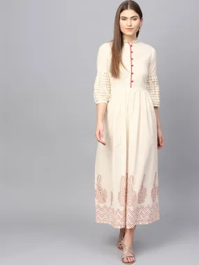 Women Cream-Coloured Printed Detail Woven Maxi Dress