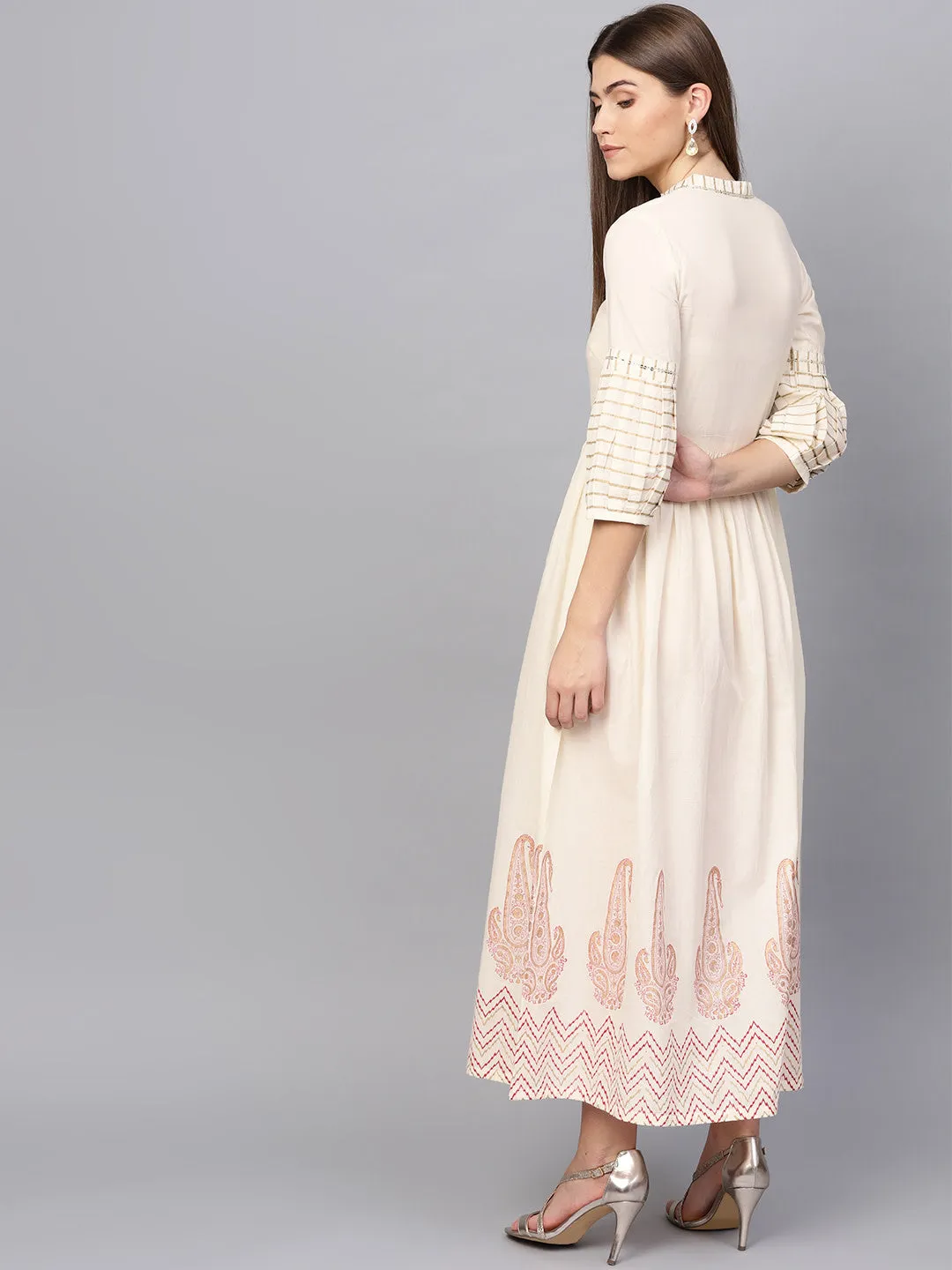 Women Cream-Coloured Printed Detail Woven Maxi Dress