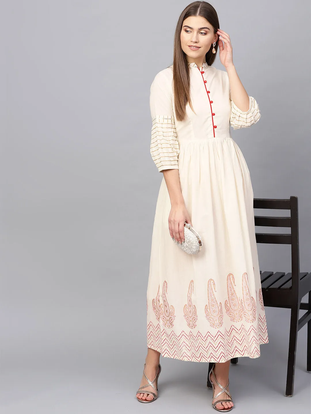 Women Cream-Coloured Printed Detail Woven Maxi Dress