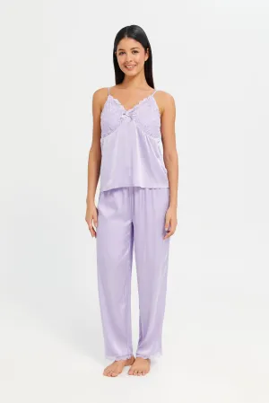 Women Lilac With Lace Satin Cami Set (2 Piece)