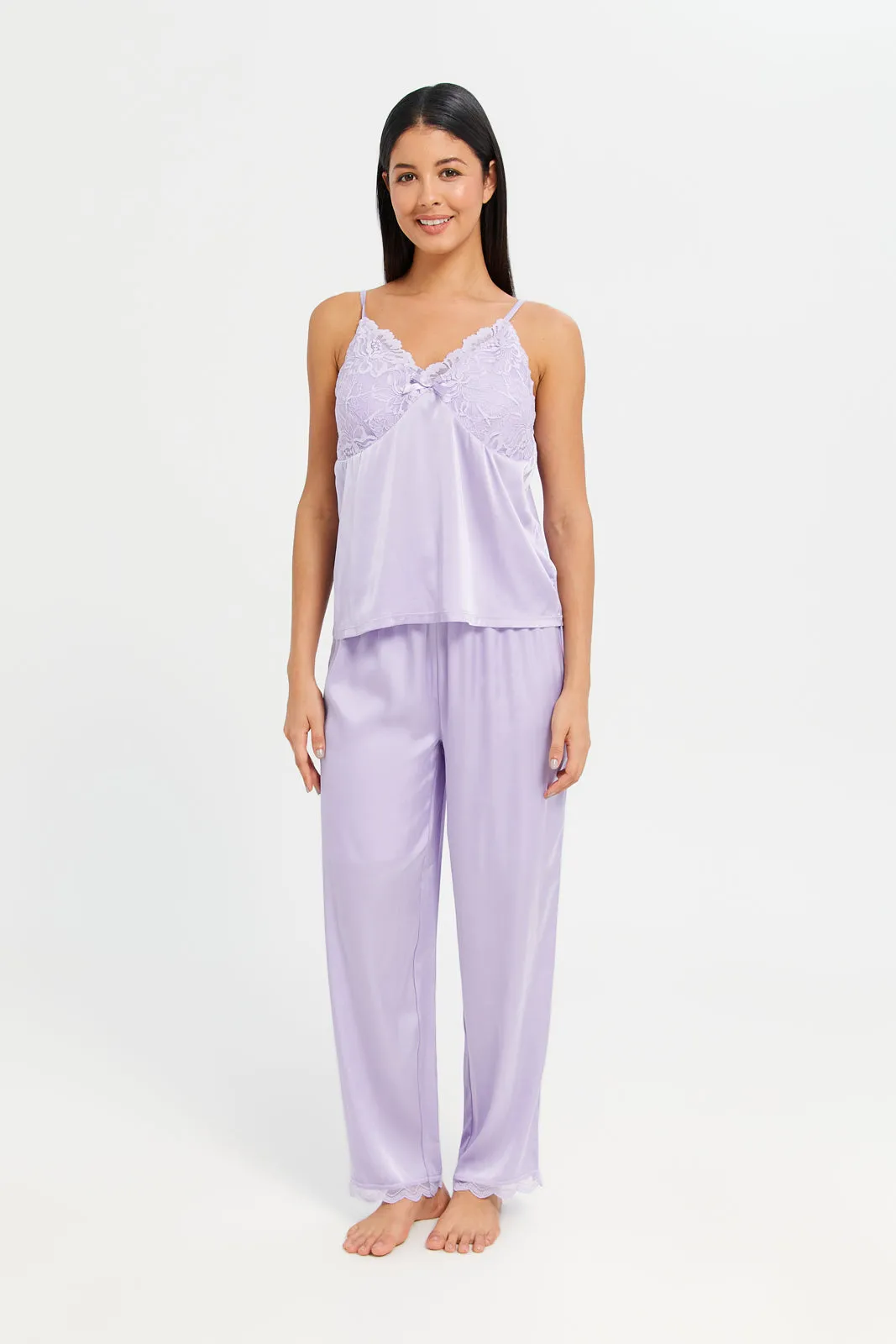 Women Lilac With Lace Satin Cami Set (2 Piece)