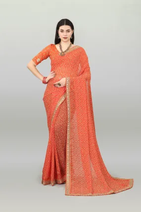 Women Party Wear Bandhani Printed Orange Colour Georgette Saree Collection